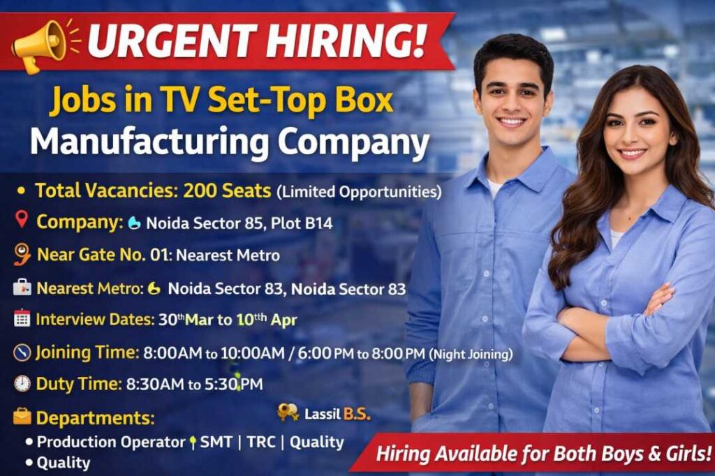 Urgent Hiring – TV Set-Top Box Manufacturing Company